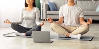 Huzurlu Asyalı aile evde meditasyon yapıyor, nilüfer bezinde dizüstü bilgisayarın önünde poz veriyor, online sınıfları, oturma odaları, fotokopi odaları var. Sportif çift birlikte egzersiz yapıyor.