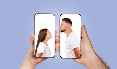 İki el, öpmek için eğilen bir çifti gösteren akıllı telefonları tutuyor. Bu dijital kolaj modern aşkı ve teknolojiyle olan bağlantıyı temsil ederken aynı zamanda gerçek sevgiyi gösteriyor..