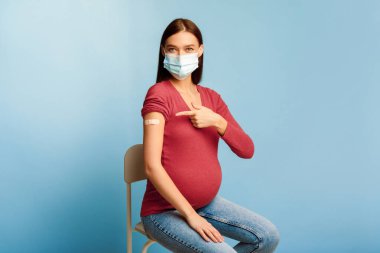 Aşılanmış Hamile Kadın Mavi Stüdyo Arkaplanı Üzerine Koruyucu Yüz Maskesi Giyerek Oturarak Aşı Aşısı yaptıktan sonra Kolunda Alçı Bandajı Gösteriyor. Coronavirus Aşılama Kampanyası