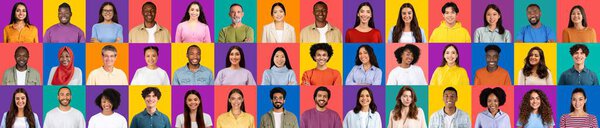 This colorful composition showcases a diverse collection of joyful people from various backgrounds. Each face reflects happiness and the beauty of global unity in an engaging mosaic.