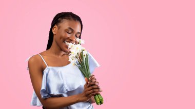 Milenyum siyahi bayanı pembe stüdyo arka planında nergis kokusu alıyor. Kaygısız Afrikalı Amerikalı kadın doğum gününü kutlamak için bir buket narsist çiçek alıyor.