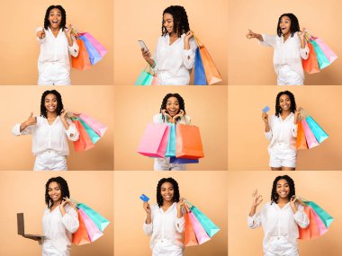 Neşeli bir kadın telefonuyla uğraşırken ve indirimlere ilgi gösterirken birden fazla renkli alışveriş çantası taşıyor. Kolaj, satış sırasındaki keyifli alışveriş deneyimini gösteriyor..
