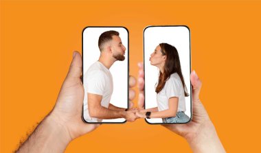 İki el akıllı telefonları tutarken sevgi dolu bir sohbete giren bir çiftin teknolojiyle olan bağlantılarını gösteriyorlar. Canlı arka plan onların etkileşimini vurguluyor..
