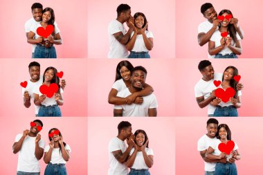 A young black couple expresses love and joy in a vibrant collage, featuring hugs, laughter, and playful moments with red heart props, celebrating their relationship on Valentines Day. clipart