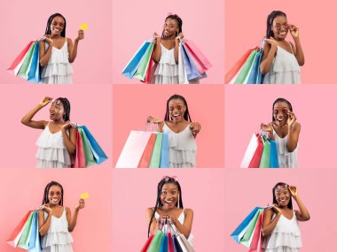 A collection of joyful individuals celebrating their shopping successes. Each person showcases colorful bags and cheerful expressions, highlighting the excitement of finding great deals and discounts. clipart