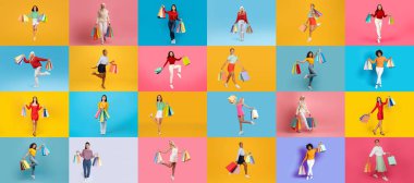 Bu canlı kolaj, her biri parlak arka planlara karşı renkli poşetler taşıyan, bir satış sırasında çok sayıda insanın mutlu bir şekilde alışveriş yaptığını gösteriyor. Perakende heyecanı kutlaması..