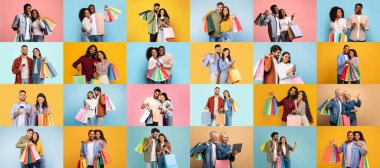 Kara Cuma boyunca neşe içinde alışveriş yapan bir grup insan. Her bir grup, büyük indirimler ve tüketici kültürünün heyecanını vurgulayarak renkli alışveriş torbaları sergiliyor..