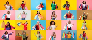 Canlı renklerde alışveriş torbaları taşıyan coşkulu bir insan topluluğu. Atmosfer, Kara Cuma 'daki tüketim heyecanını yansıtıyor. Alışverişin keyfini vurguluyor..