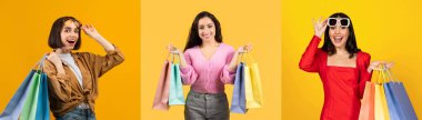 Üç neşeli insan, renkli alışveriş çantalarını açık sarı bir zemin üzerinde sergiliyor. Bir alışveriş etkinliği sırasında büyük teklifleri kutlarken atmosfer heyecan saçıyor..