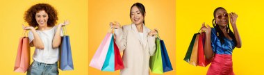 A vibrant collage showcases three individuals joyfully holding colorful shopping bags. They embody the excitement of shopping during a discount sale event, promoting a lively atmosphere. clipart