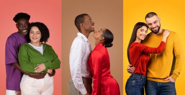 Couples from diverse backgrounds express their affection and happiness in a vibrant collage. Each pair showcases love in joyful moments celebrating their togetherness. clipart