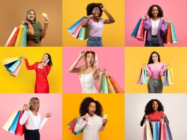 A collection of people joyfully holding shopping bags and discount cards, showcasing their excitement for sales during a festive shopping occasion. The vibrant colors enhance the cheerful atmosphere. clipart