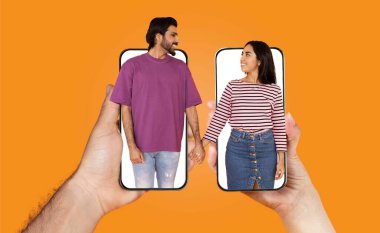 Bir çift, akıllı telefonlarını kullanırken el ele tutuşarak sevgi dolu bir etkileşime girer. Bu kolaj onların dijital bağlantılarını canlı bir ortamda vurgular..