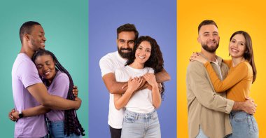 Couples from diverse backgrounds pose together in cheerful collages, celebrating love and affection on St. Valentines Day. A joyful representation of togetherness and relationships. clipart