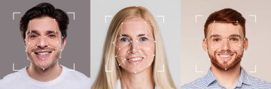 A collage displays diverse faces equipped with facial recognition markers. This visual highlights advancements in identification technology and its applications across different demographics. clipart