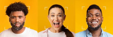 A vibrant collection of diverse faces highlights facial recognition technology through joyful expressions. The bright yellow background enhances the engaging and lively mood. clipart