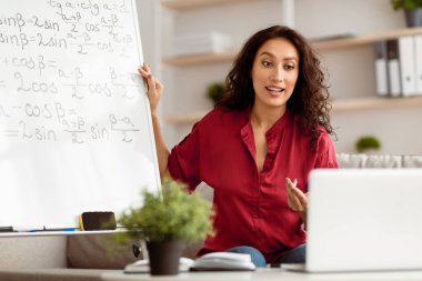 Modern Mesafe Öğrenme. Matematik öğretmeni öğrencilerle bilgisayar kullanarak görüntülü konuşma yapıyor. Kendinden emin bir kadın evde öğretmenlik yapıyor. Karantina ve koronavirüs salgını sırasında evde eğitim.