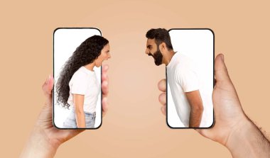 A couple is engaged in an intense conversation via their smartphones, showcasing the blend of technology and emotion in contemporary relationships. Their connection transcends physical distance. clipart