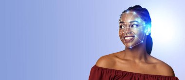 Genç bir kadın yüzünde yüz tanıma teknolojisinin dijital bir örtüsüyle gülümsüyor. Bu fütüristik yaklaşım kimlik ve güvenlikteki gelişmeleri vurgular.