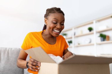 Memnun bir alıcı. Paketi alan, karton paketleri açan, içeri bakan, oturma odasındaki kanepede oturan meraklı siyahi kadının portresi. Afrikalı Amerikalı kadın online alımdan memnun.