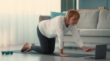 Son sınıf öğrencisi bir kadın antrenman yapıyor. Formuna odaklanıyor. Paspasın üzerinde dengeyi sağlıyor, parlak bir yaşam alanında egzersiz yaparken dizüstü bilgisayarını rehberlik için kullanıyor..