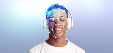 A person is wearing headphones, appearing relaxed and joyful while listening to music. The background suggests a focus on facial recognition technology, creating a modern, tech-inspired atmosphere. clipart