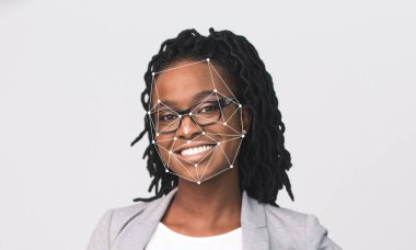 Gözlüklü ve rastalı bir kadın kameraya gülümsüyor. Yüz tanıma teknolojisi, onun ifadesini vurgulayarak boş bir arkaplan karşısında farklı yüz özelliklerini tanımlamak için kullanılır..