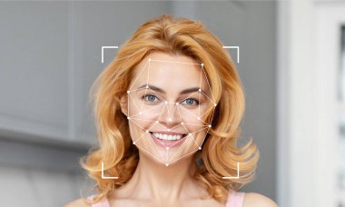 Sarışın bir kadın parlak bir şekilde gülümserken yüz tanıma teknolojisi onun yüz hatlarını boş bir arkaplanda ön plana çıkarıyor. Bu an modern tanımlama tekniklerini gösteriyor..