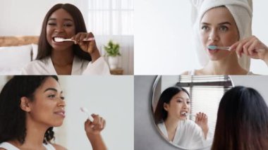 Dört kadın sabah rutinleriyle meşgul, çeşitli banyo ortamlarında diş fırçaları kullanıyorlar. Her bir kişi diş hijyenini korurken kendine özgü stil ve ortamlar gösterir.