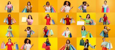 Kara Cuma boyunca alışveriş çantalarını ve alışverişlerini neşeyle sergileyen canlı bir insan topluluğu. Her insan parlak renkli bir ortamda heyecan sergiler..