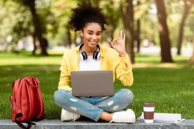 Yeşil Park 'ta oturan, Kameraya gülümseyen, E-Öğrenci Sembolünü onaylayan Dizüstü bilgisayar kullanan siyah kız. Çevrimiçi Öğrenme ve Uzaktan Eğitim. Her şey yolunda Kavram