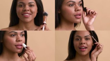 Dört kadın güzellik ve cilt bakımına odaklanmış çeşitli şımartıcı aktivitelerde bulunuyorlar. Her biri farklı teknikler sergiliyor, çeşitlilik ve kişisel bakım uygulamaları vurgulanıyor.