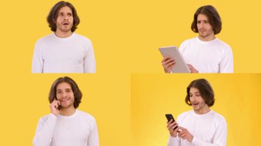 Uzun saçlı bir adam telefon, tablet ve başka bir cihazla konuşurken farklı duygular gösterir. Onun ifadeleri şaşkınlık, düşünce ve neşeyi yansıtır..