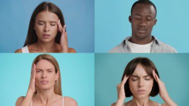 Farklı geçmişlerden gelen dört kişi, mücadelelerini ifade ederken başlarını tutarak acı ve rahatsızlık belirtileri gösteriyor..