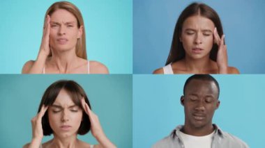 Çeşitli geçmişlere sahip dört kişi baş ağrısı ve rahatsızlık ifadesi sergiliyor. Her bireyin kendine has bir tepkisi var, sağlık deneyimlerindeki çeşitliliği vurguluyor. Arka plan sakin bir mavidir..