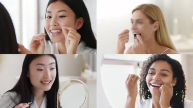 Birçok kadın diş ipi ve aynalar kullanarak diş bakımı rutinlerine odaklanıyor, iyi aydınlatılmış, modern bir banyoda ağız hijyeninin önemini sergiliyorlar..