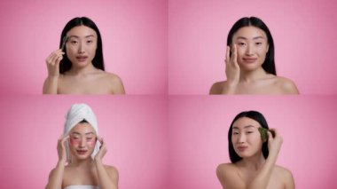 Cilt bakım rutinlerini canlı pembe bir arka plana karşı sergileyen bir grup kadın. Şımartıcı faaliyetlerde bulunurlar, güzelliğin ve özgüvenin altını çizerler..