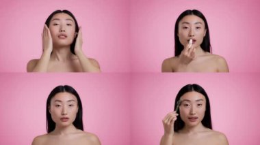 Birden fazla kadın cilt bakımına giriyor, ürünler uyguluyor ve teknikler sergiliyor. Arkaplanda canlı pembe bir renk var, oturumun güzelliğini ve çeşitliliğini arttırıyor..