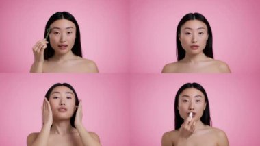 Farklı geçmişlere sahip dört kadın, parlak pembe bir zemin üzerinde cilt bakımı ritüelleri gerçekleştiriyor, güzelliklerini ve kendilerini özen ve şımartma alışkanlıklarını sergiliyorlar..