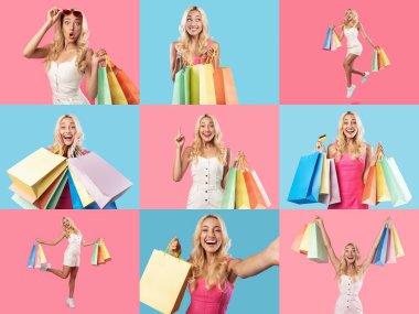 Genç bir kadın alışveriş çılgınlığına hevesle katılıyor, içi alışveriş dolu renkli çantalar sergiliyor. Heyecanı Kara Cuma ve tüketim ruhunu yansıtıyor..