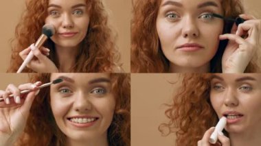 Kadın güzellik rutinine giriyor, cilt bakımını ve makyaj uygulaması tekniklerini sergiliyor. Kendini şımartırken neşe ve kendine güveni ifade eder.