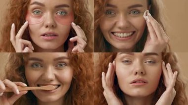 Kızıl saçlı kadın rahatlatıcı bir cilt bakımı rutini uyguluyor. Tedavi uygular, ürünleri kaldırır, ve gülümser, güzelliğini ve kişisel bakım uygulamalarını sergiler..