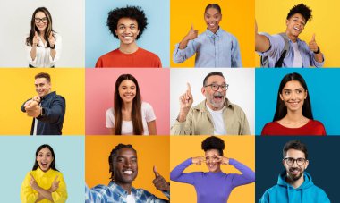 Çeşitli bireyler gülümseme ve jestlerle neşe ve pozitiflik ifade eder. Bu renkli kolaj onların neşeli yaşam tarzlarını canlı bir ortamda yakalıyor, çeşitlilikteki birliği vurguluyor..