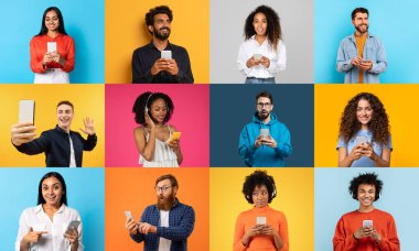 Çeşitli geçmişlerden gelen mutlu bireylerin oluşturduğu bir derleme akıllı telefonlarıyla renkli arka planlara karşı etkileşim kuruyor. Her insan heyecan ve pozitiflik sergiler, modern yaşam tarzını gözler önüne serer..