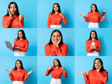 A collage of diverse, cheerful individuals against a bright blue backdrop. Each person displays positive emotions and engaging activities, reflecting a lively atmosphere. clipart