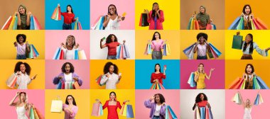 Çeşitli bireylerden oluşan canlı bir kolaj alışveriş yaparken heyecanlarını sergiliyor. Her biri, Kara Cuma anlaşmalarının heyecanını ve tüketici coşkusunu temsil eden renkli alışveriş torbaları taşıyor..