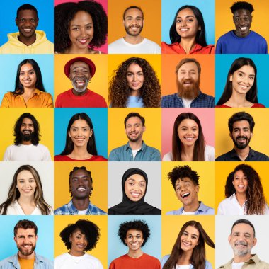 Canlı bir kolaj, neşe ve neşe ifade eden çeşitli insanları içerir. Her bir birey eşsiz bir özgeçmiş, saç stili ve gülümseme sergiliyor. Toplum ve bağlantı duygusunu somutlaştırıyor..