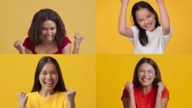 Canlı bir kolaj farklı bireylerin sevinç ve heyecan ifade ettiğini gösteriyor. Her insan, parlak sarı bir arka plana karşı eşsiz duygusal tepkileri paylaşıyor, mutluluk ve pozitiflik sergiliyor..