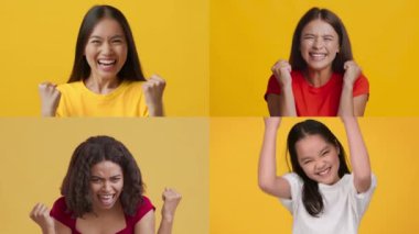 Çeşitli kadın ve çocuklardan oluşan bir derleme çeşitli duygular sergiliyor, parlak sarı bir arka planda neşe ve heyecanı kutluyorlar. Her birey bu canlı kolajda eşsiz bir duyguyu ifade eder..