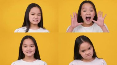 Genç bir kız mutluluk, öfke, sürpriz ve sükunet gibi çeşitli duygular sergiliyor. Parlak sarı arka plan, kolajda gösterilen duygusal aralığı arttırır..